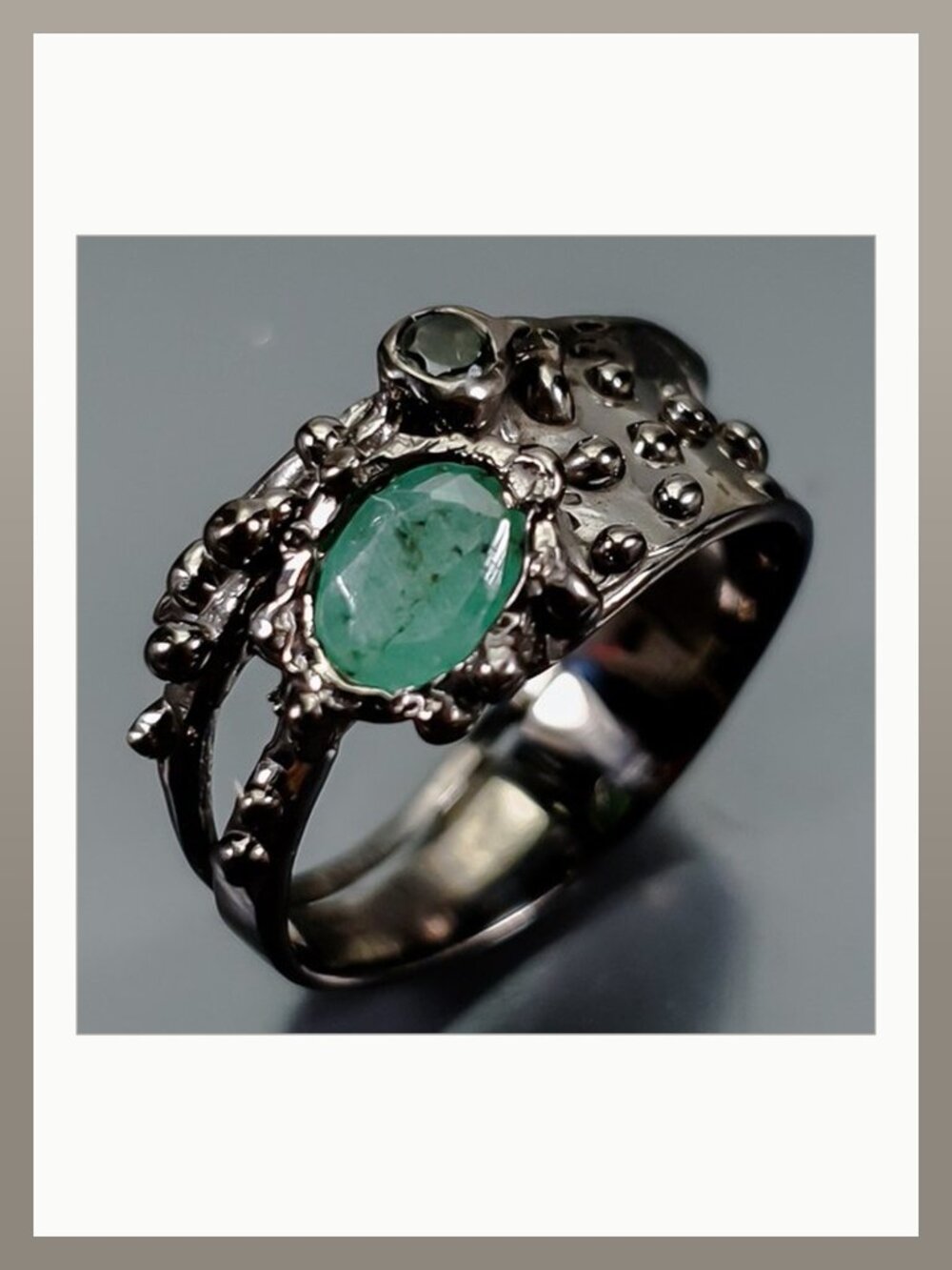 RING Unique Emerald 925 Size 8 Black Rhodium Plated!